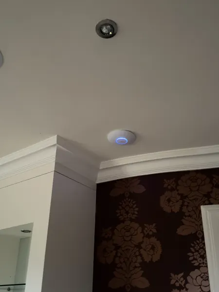 Access point with a blue light ring on a ceiling next to a downlight, above brown patterned wallpaper