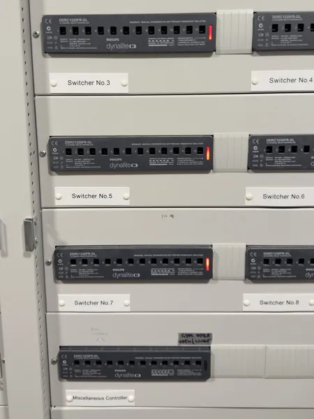 Closer view of switchers 3 to 8, where a hand written note says gym voile open and close