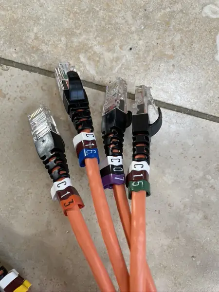 Orange patch leads made up in advance and tagged C07, C13, C15 and C16