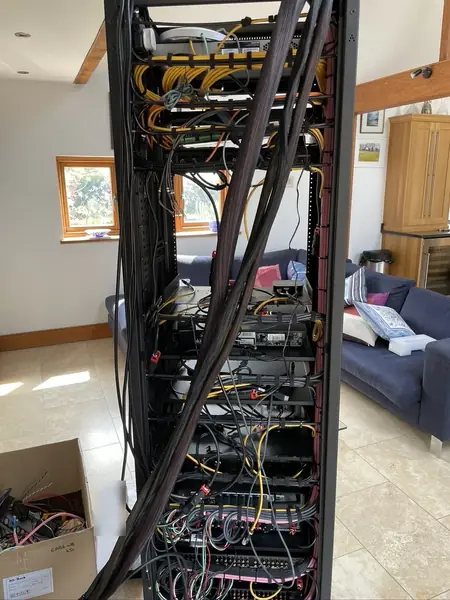 Back of the rack after the rebuild, cables run in braided sleeving and held with hook and loop ties