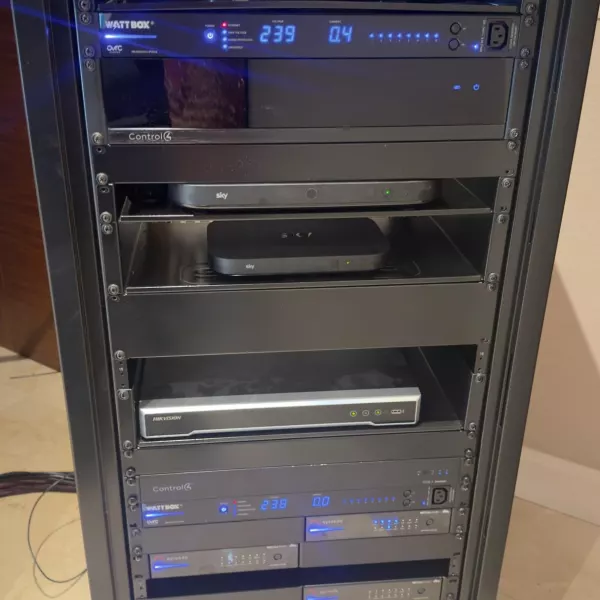 A full rebuild of this home’s AV and network rack: clean Cat6 patching, labelled Speakon speaker panels, surge...