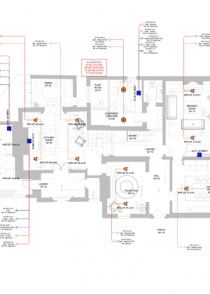 AV layout drawing of a ground floor, showing speaker and cable positions