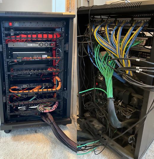 Before and after: a rebuilt equipment rack beside the tangle of cables it replaced