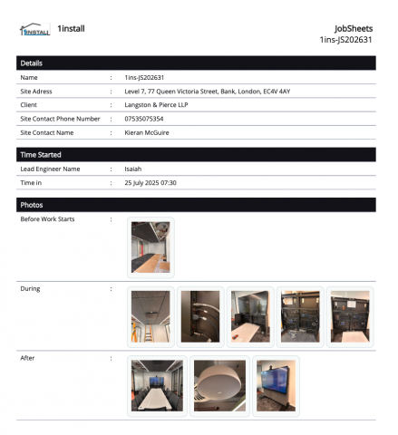 A 1Install job sheet for an AV installation, with the site details and photos from before, during and after the work