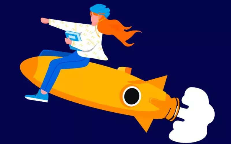 Illustration of a woman riding a rocket