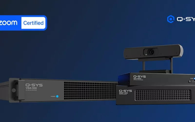 QSC press image of Q-SYS Zoom Rooms hardware: VSA-100 AI accelerator, RMP-100 processor and QIO-VEN4 expander with an NC Series camera, beside a Zoom Certified badge