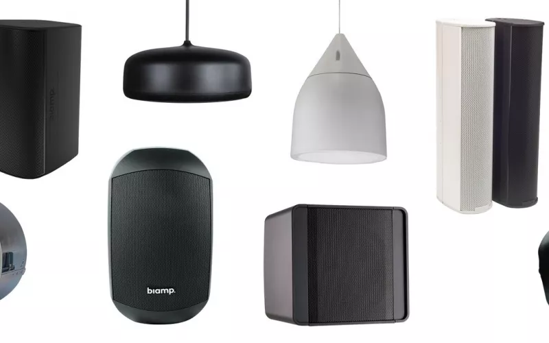 Biamp Desono loudspeaker family, the range behind the Biamp gym audio system at Change North Adelaide, showing pendant, ceiling, surface and column speakers in black and white