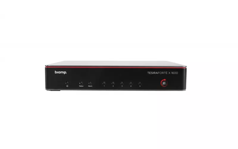 Biamp TesiraFORTÉ X 1600 audio processor, front panel in black with red trim, pictured for a post on Biamp Tesira firmware 5.7.1
