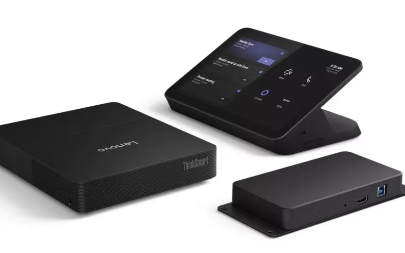 Biamp UCC-Lenovo TSC2-IP kit for London meeting rooms: black Lenovo ThinkSmart Core compute, 10.1 inch touch panel on a stand and Link Box, the Biamp Lenovo hardware in this update