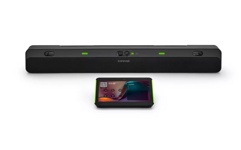 Shure IntelliMix Bar Pro video bar in black with three camera lenses and a Shure IntelliMix touch panel in front, the Teams certified kit for London boardrooms
