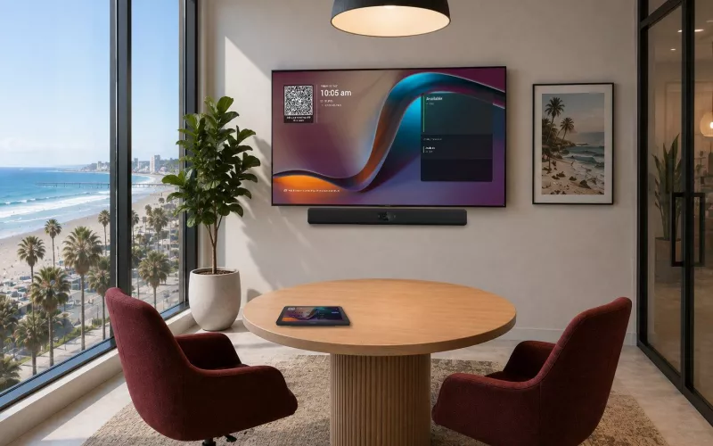 Biamp image of a small meeting room with a round timber table, a touch panel on the table and a video bar under a wall display, the kind of huddle room the Biamp Devio UCX 1000 bundle is aimed at