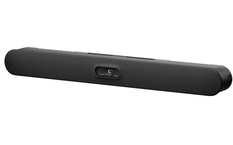 Logitech Rally Bar 2 video bar in graphite fabric, shown at an angle on a white background with its central camera lens visible