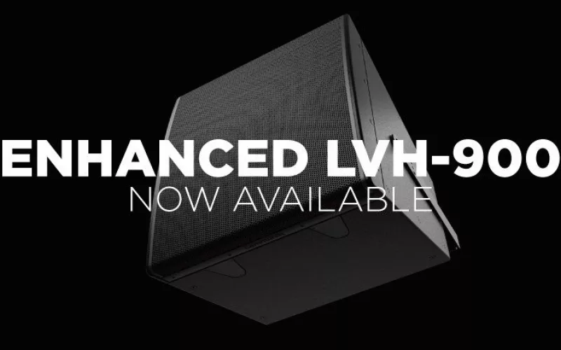 Black Biamp LVH-900 venue horn cabinet seen from below on a black background with the words Enhanced LVH-900 Now Available