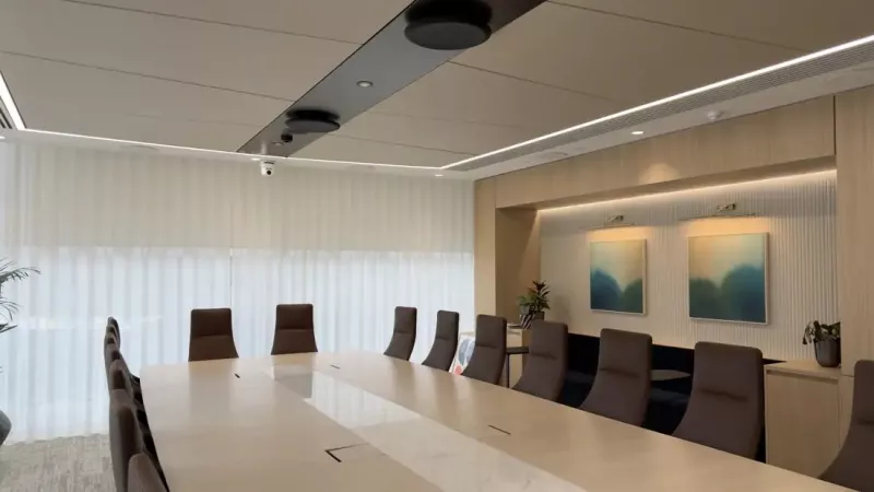 Executive boardroom set up for video meetings