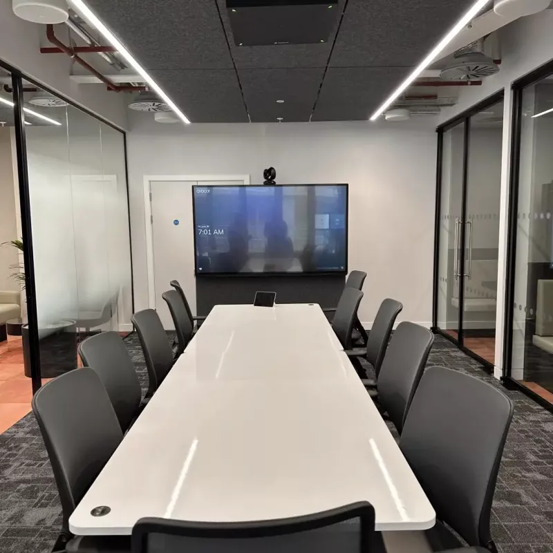Meeting room with dual displays and a Teams Rooms camera