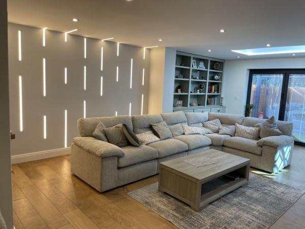 The finished Maidenhead living room with the LED feature wall