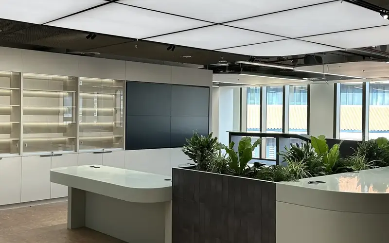 Open plan reception with a white desk, planting and a large screen on the back wall