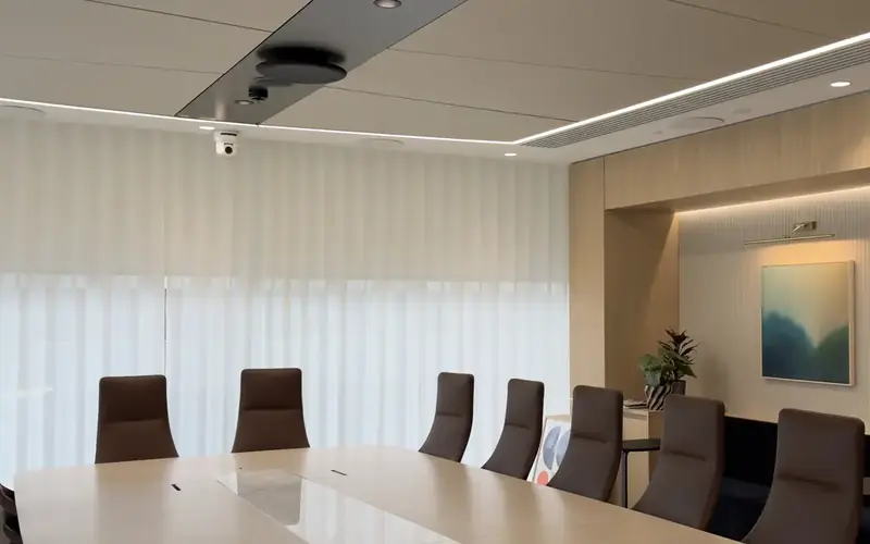 Meeting room with a long pale table, leather chairs and sheer curtains