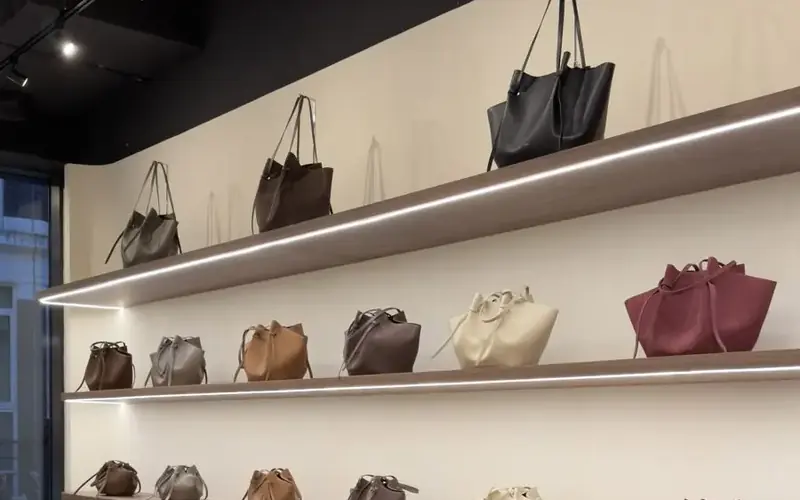Handbags on shelves lit by a slim LED strip along the shelf edge