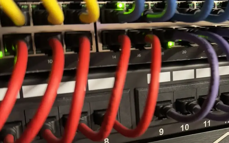 Red and purple leads plugged into numbered ports on a data patch panel with green link lights