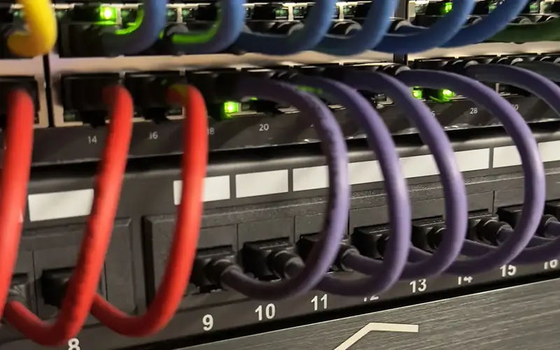 Patch panel with looped red and purple network leads and green link lights