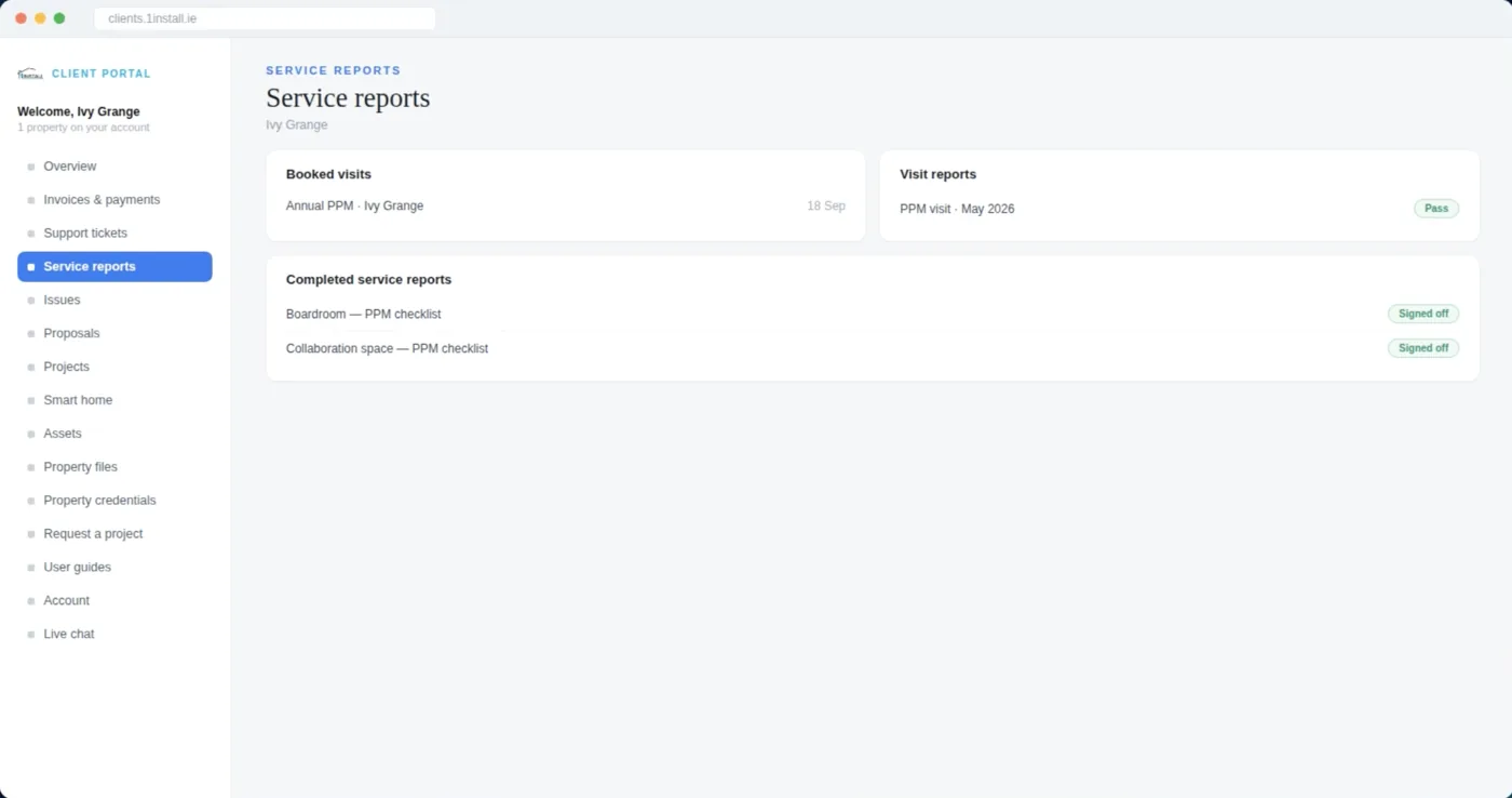 1Install client portal showing booked visits and signed off service reports